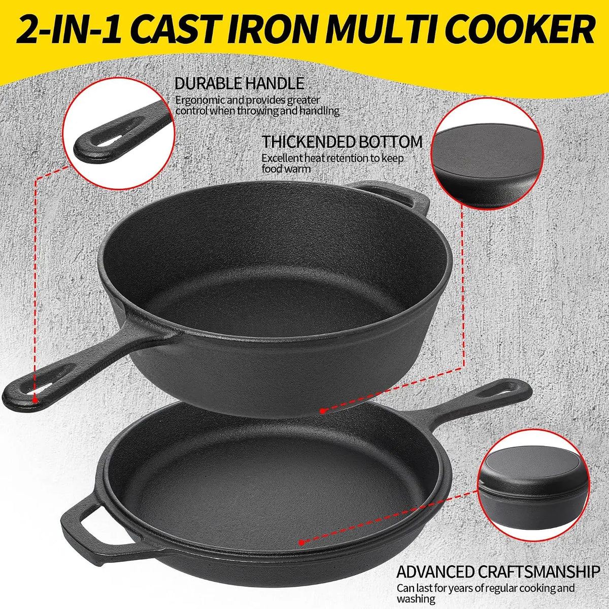 Cast Iron Multi Cooker Dutch Oven with Skillet Lid – 2-in-1 Pre-Seasoned Casserole – Best for Baking, Frying & Roasting on All Stoves