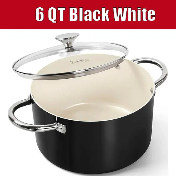 Ceramic Stock Pot with Glass Lid – 6-Quart Non-Stick Cooking Pot, Induction-Compatible – Ideal for Soups, Stews, Curries, Simmering, Sautéing & One-Pot Meals – Available in Green, Blue, Beige & Black 6 QT Black White