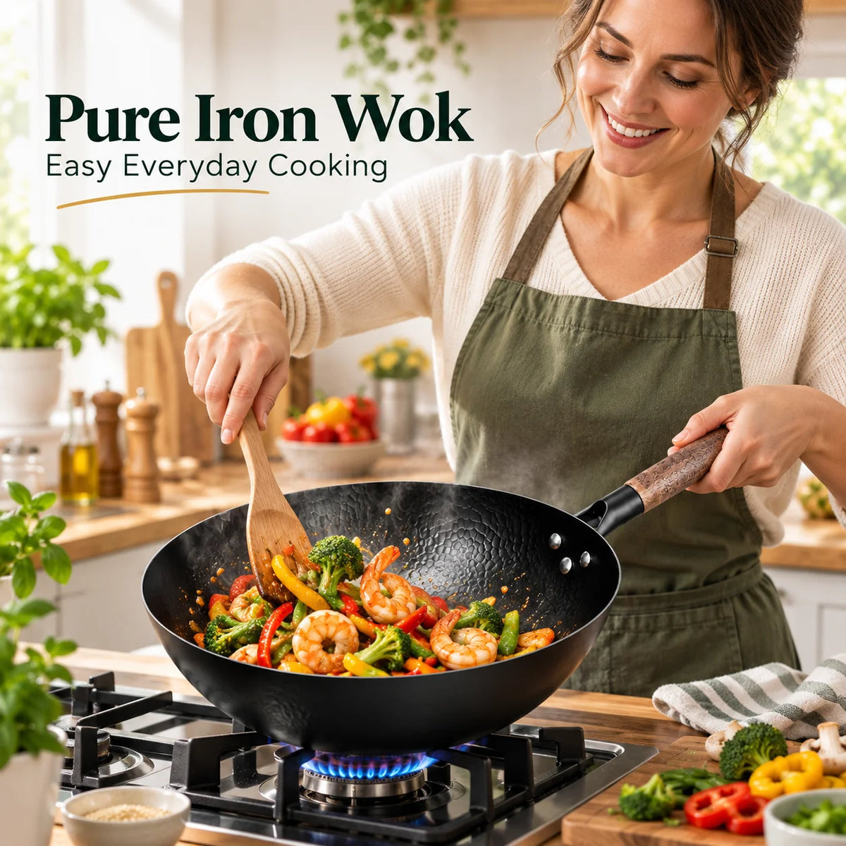 Carbon Steel Wok with Wooden Lid – Uncoated Pure Iron Stir-Fry Wok for Gas, Electric & Induction Hobs – Best for Stir-Fries, Noodles & Fried Rice (32cm)