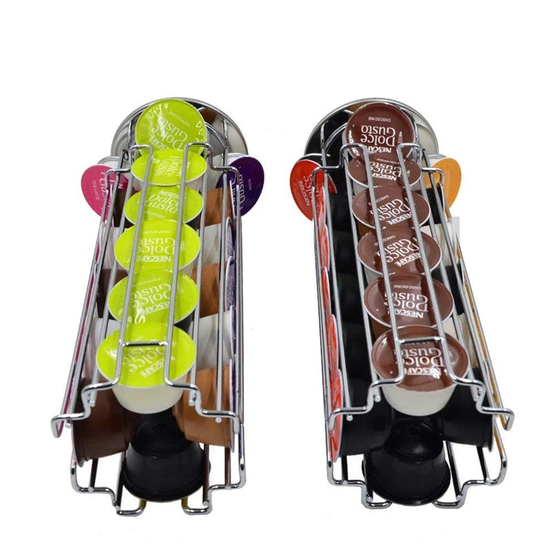 360° Rotating Stainless Steel Coffee Capsule Holder – 24 Pod Carousel Stand & Storage Rack – Best for Organising Coffee Pods on the Worktop – Available for Large Round or Small Capsules
