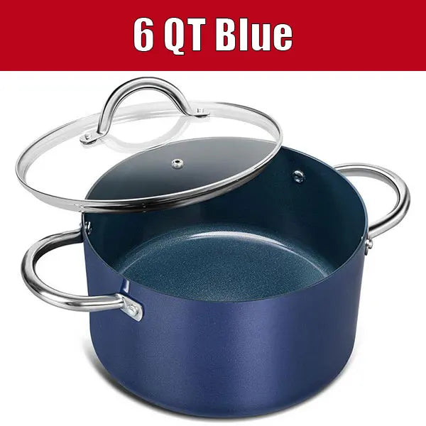 Ceramic Stock Pot with Glass Lid – 6-Quart Non-Stick Cooking Pot, Induction-Compatible – Ideal for Soups, Stews, Curries, Simmering, Sautéing & One-Pot Meals – Available in Green, Blue, Beige & Black 6 QT Blue