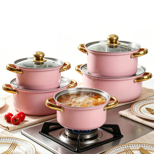 16-Piece Stainless Steel Pink Cookware & Kitchenware Set – Includes Multiple Cooking Pots and Stockpots with Glass Lids, Black Silicone Kitchen Utensils Set, Stylish Cookware Ideal for Everyday Cooking United Kingdom
