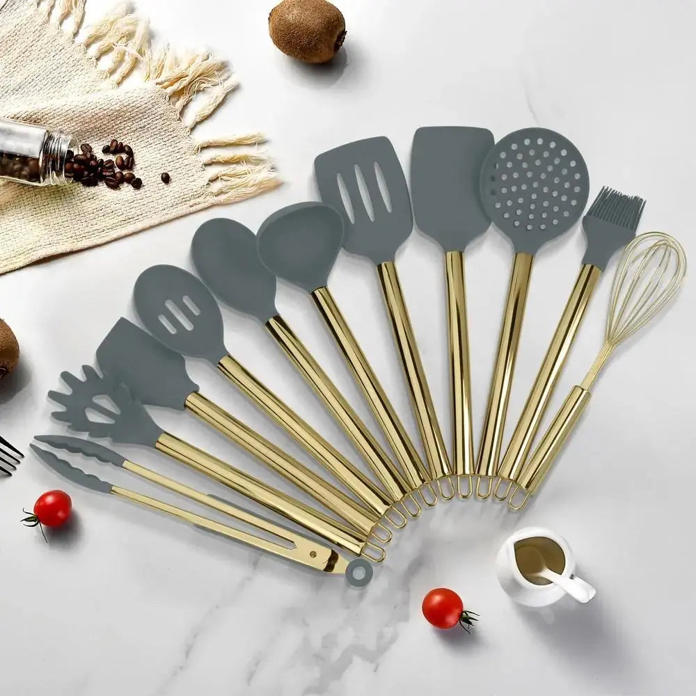 Golden Stainless Steel & Silicone Kitchen Utensils Set – Heat-Resistant, Non-Stick Safe Spatulas, Spoons, Turners, Whisk, Brush & More with Matching Golden Utensil Holder – Perfect for Modern Kitchens