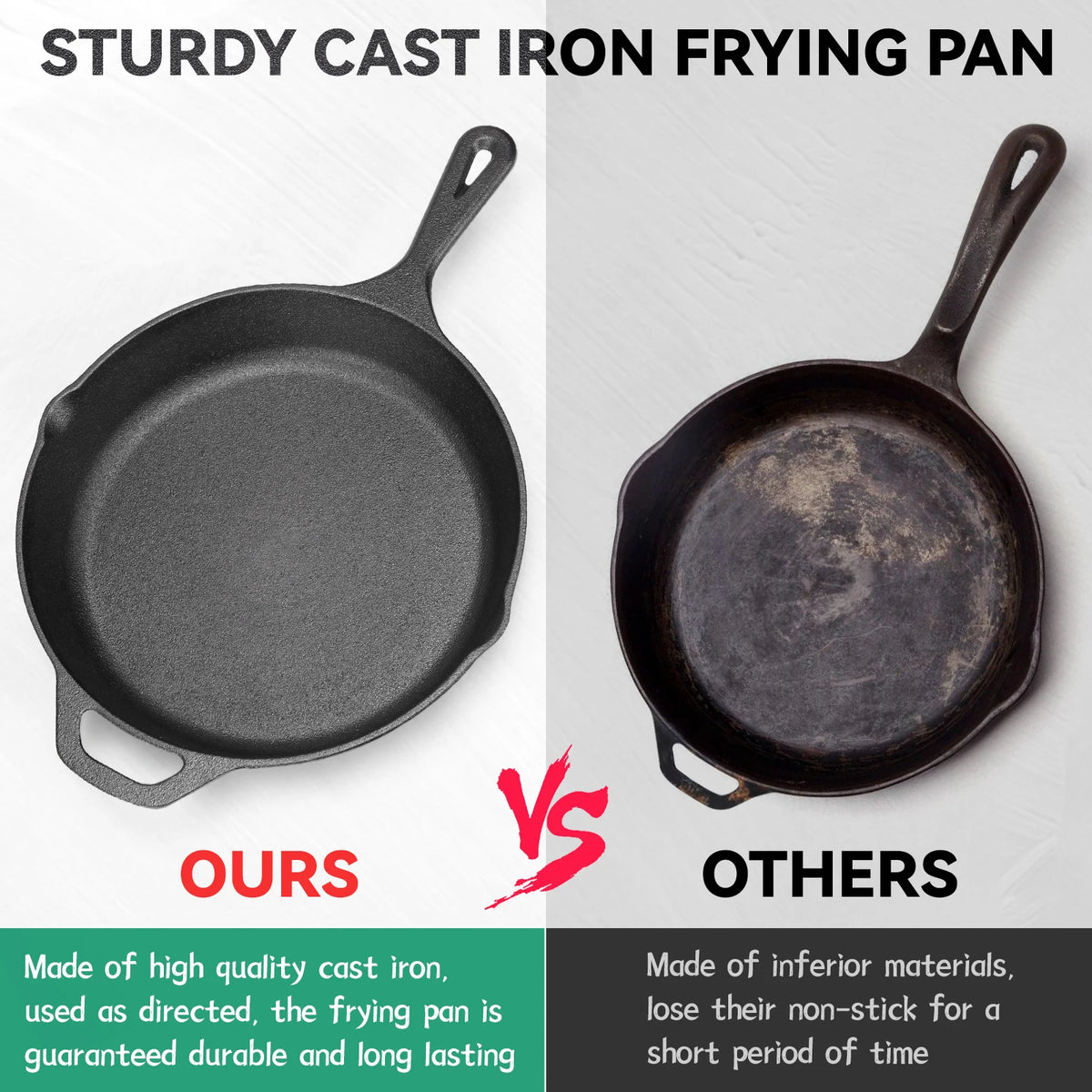 Round Cast Iron Frying Pan with Easy-Grip Handle – Heavy Duty Skillet with Hanging Loop – Great for Low-Oil Frying & Searing (26cm)