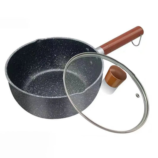 Non-Stick Saucepan with Wooden Handle & Glass Lid – Flat-Bottom Cookware with Pour Spout, Ideal for Heating Milk, Boiling, Simmering & Preparing Sauces, Soups & Noodles – Available in 16cm, 18cm, 20cm & 22cm Sizes