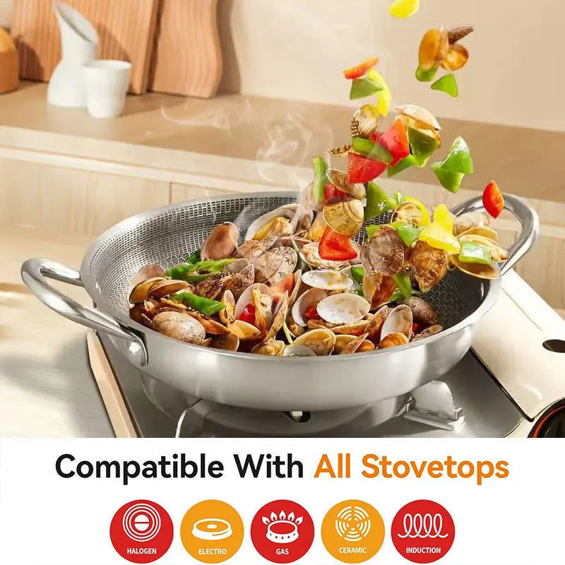 Honeycomb-Textured Stainless Steel Hybrid Wok & Stir-Fry Pan with Double Handles – Large Nonstick Pan, Available in 24cm/28cm