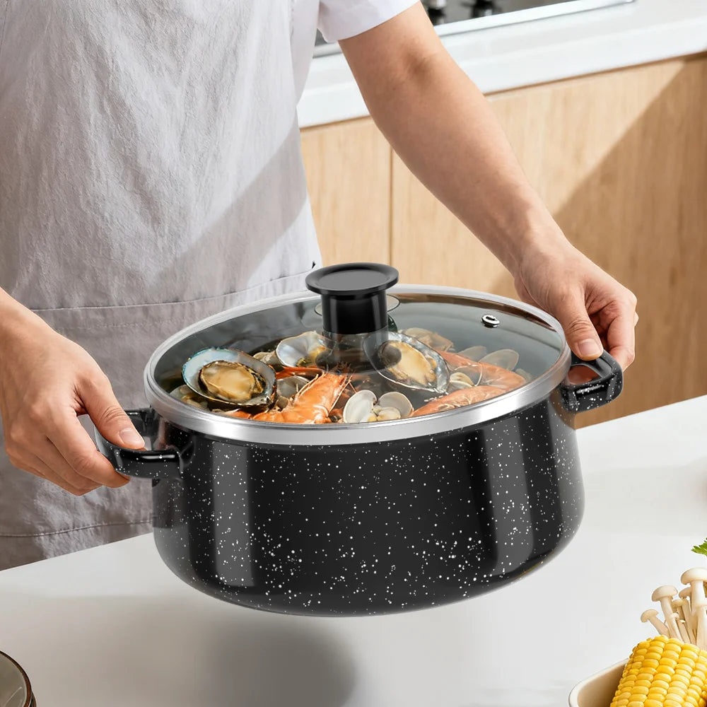 5 Piece Enamel Casserole Pot Set with Glass Lids – Stock Pots & Saucepans in 5 Sizes – Ideal for Stews, Soups & All Hobs