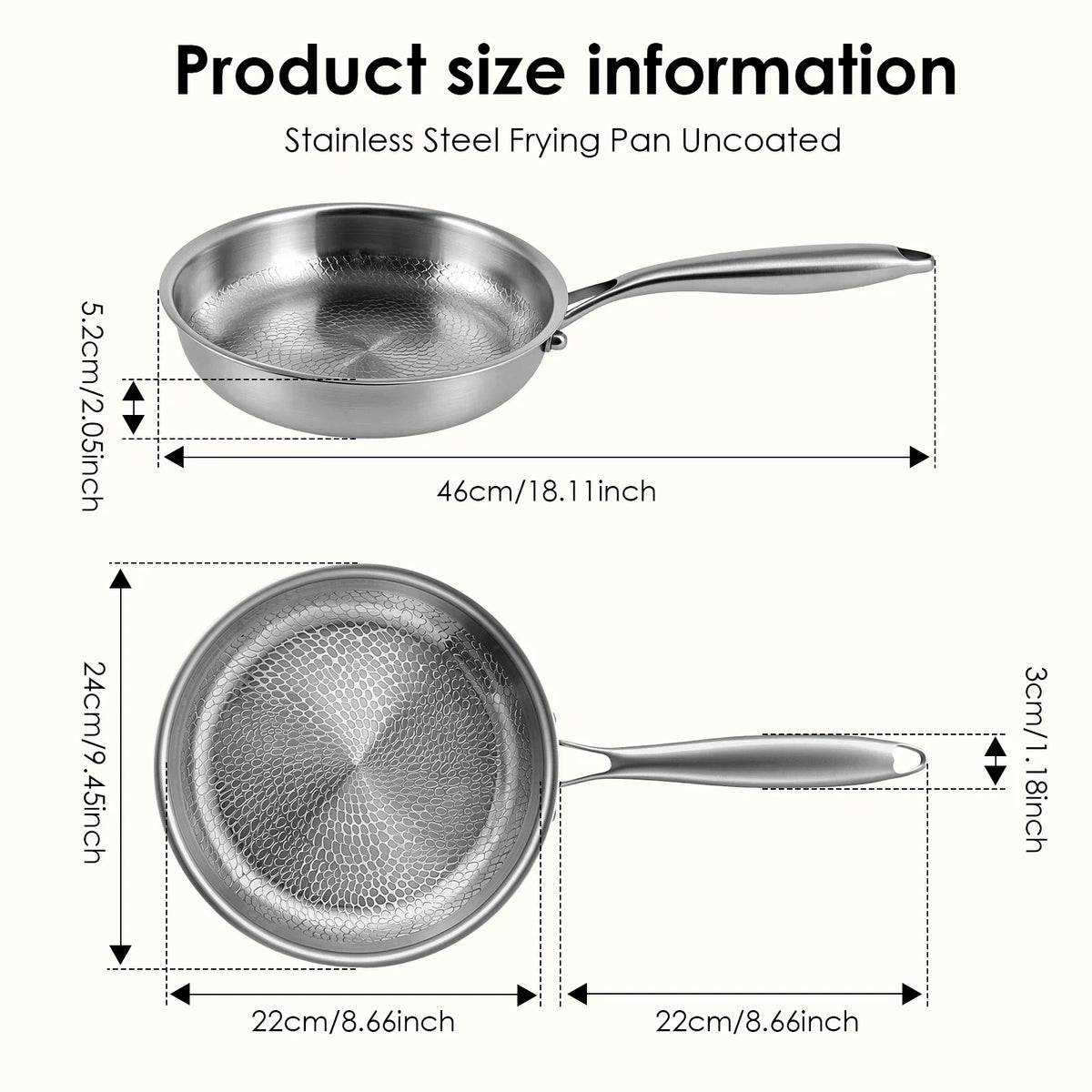 5-Ply Stainless Steel Frying Pan – Uncoated Hammered Skillet with Even Heating – Great for Steak, Fish & Eggs (24cm)
