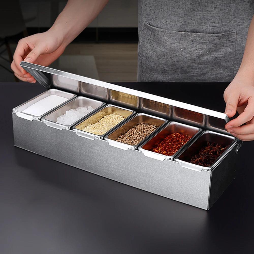 Stainless Steel 6-Compartment Seasoning Box with Lid