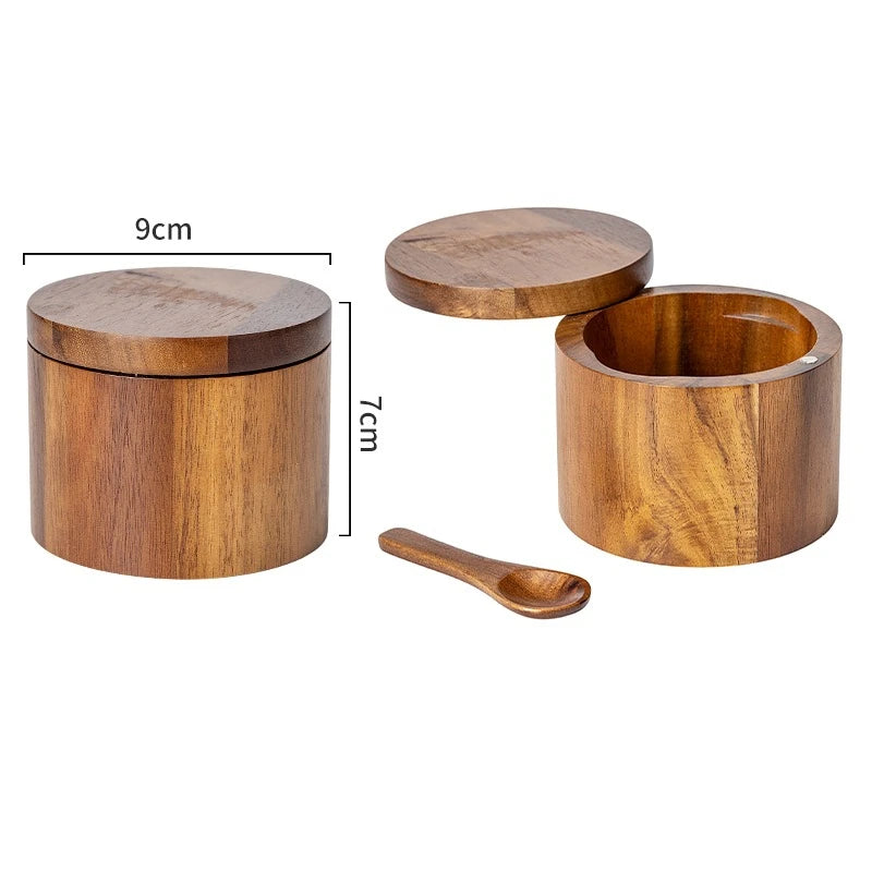 Acacia Wood Salt Box with Swivel Lid & Spoon – Salt & Pepper Cellar Seasoning Container – Great for Keeping Salt & Spices by the Hob
