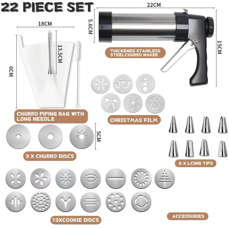 3-in-1 Stainless Steel Churro Maker & Cookie Press Kit – Spritz Biscuit Gun with Moulds – Great for Churros, Biscuits & Piped Desserts