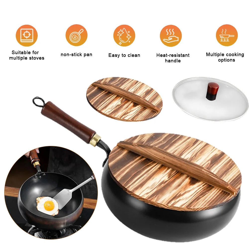 Deep Iron Wok with Wooden Lid – Hand-Hammered Uncoated Belly Wok for Stir-Frying, Stewing & Searing – Best for All Hobs (26cm)