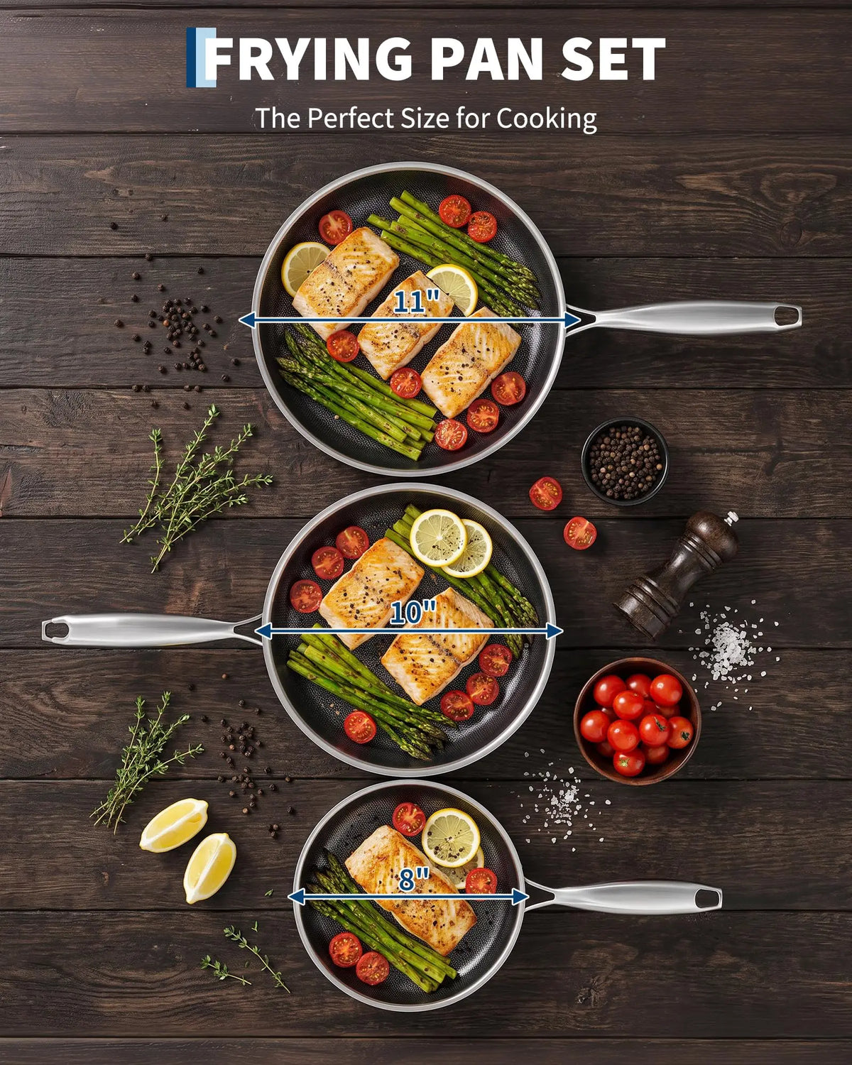 3 Piece Titanium Frying Pan Set with Lids – Tri-Ply Clad Uncoated Non-Stick Skillets 20cm, 26cm & 28cm – Best for Metal Utensils & Healthy Cooking