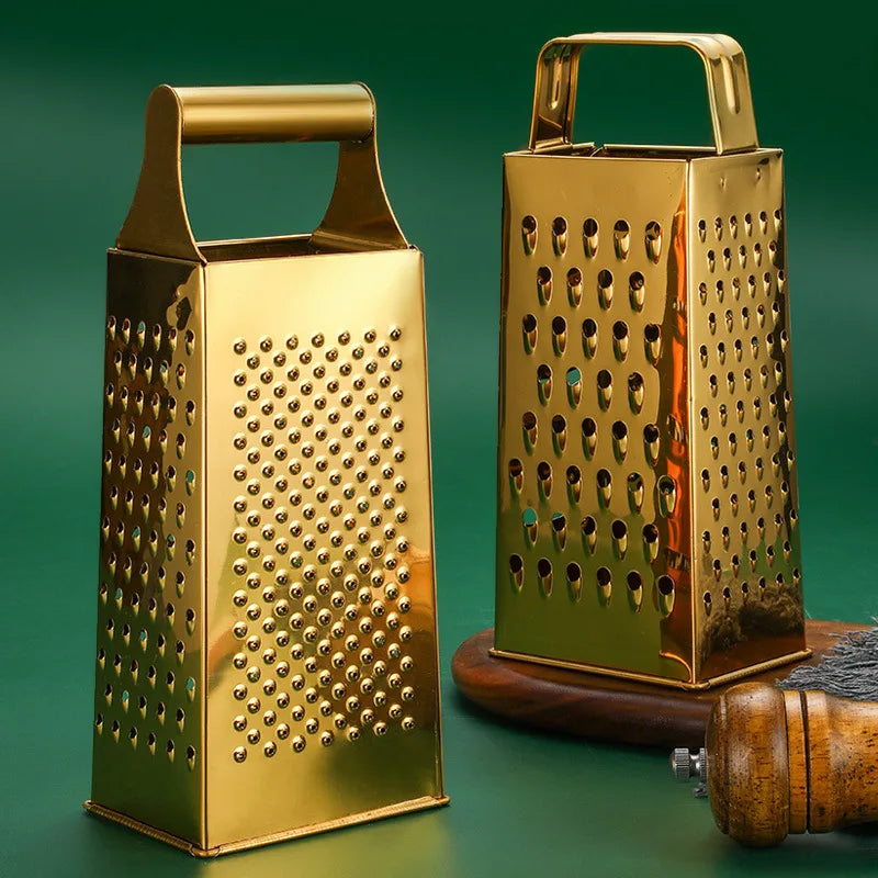 Stainless Steel Four-Sided Cheese Grater – Multi-Functional Handheld Box  Grater  & Vertical Fruit Slicer, Available in Gold & Silver