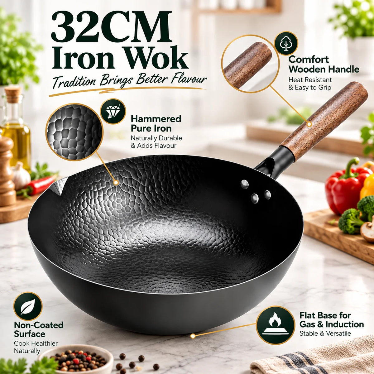 Carbon Steel Wok with Wooden Lid – Uncoated Pure Iron Stir-Fry Wok for Gas, Electric & Induction Hobs – Best for Stir-Fries, Noodles & Fried Rice (32cm)
