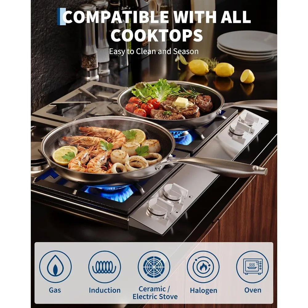 Tri-Ply Stainless Steel Non-Stick Frying Pan – 316 Stainless Steel 3-Ply Clad Skillet with PFOA-Free Coating – Perfect for Even Frying on Induction & Gas