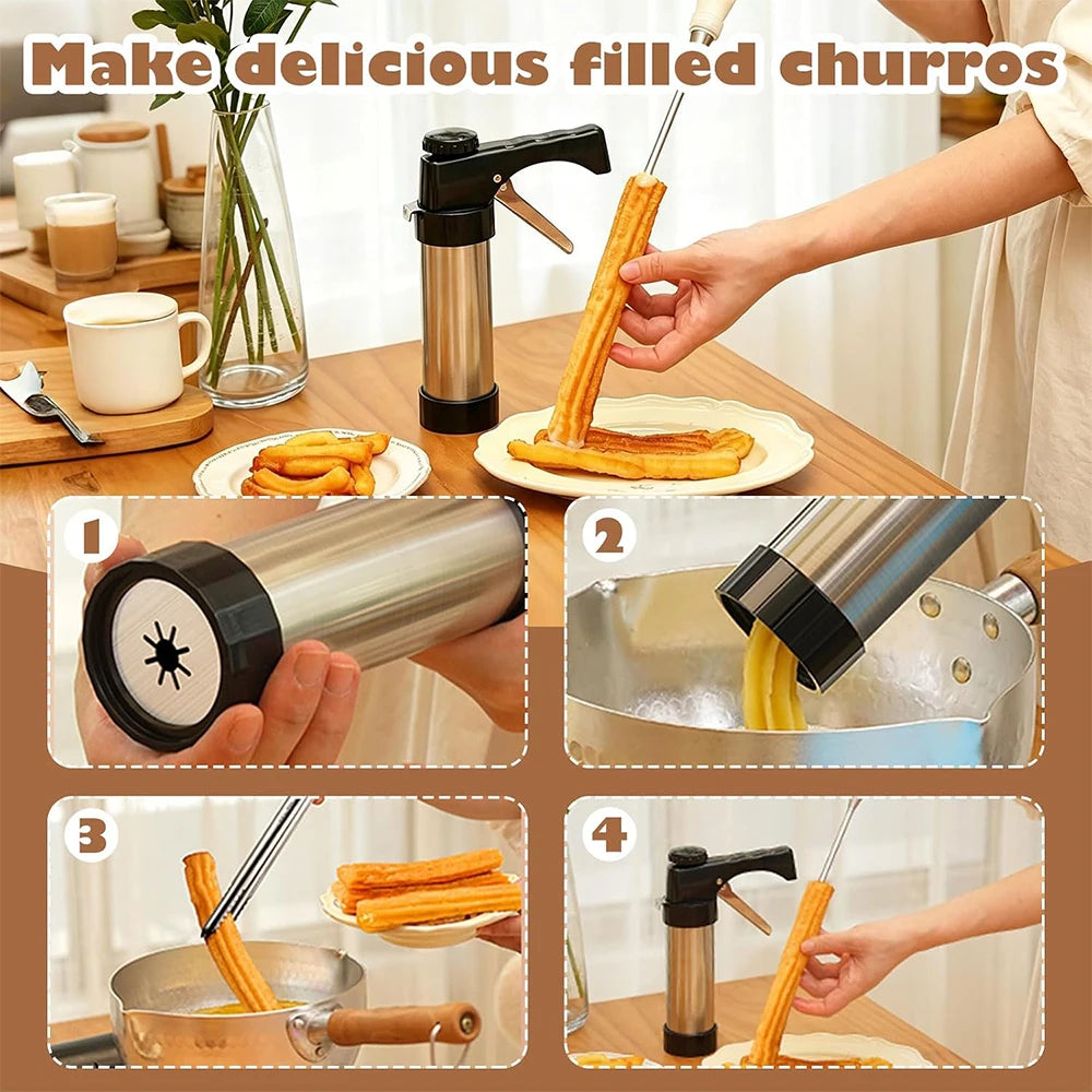 3-in-1 Stainless Steel Churro Maker & Cookie Press Kit – Spritz Biscuit Gun with Moulds – Great for Churros, Biscuits & Piped Desserts