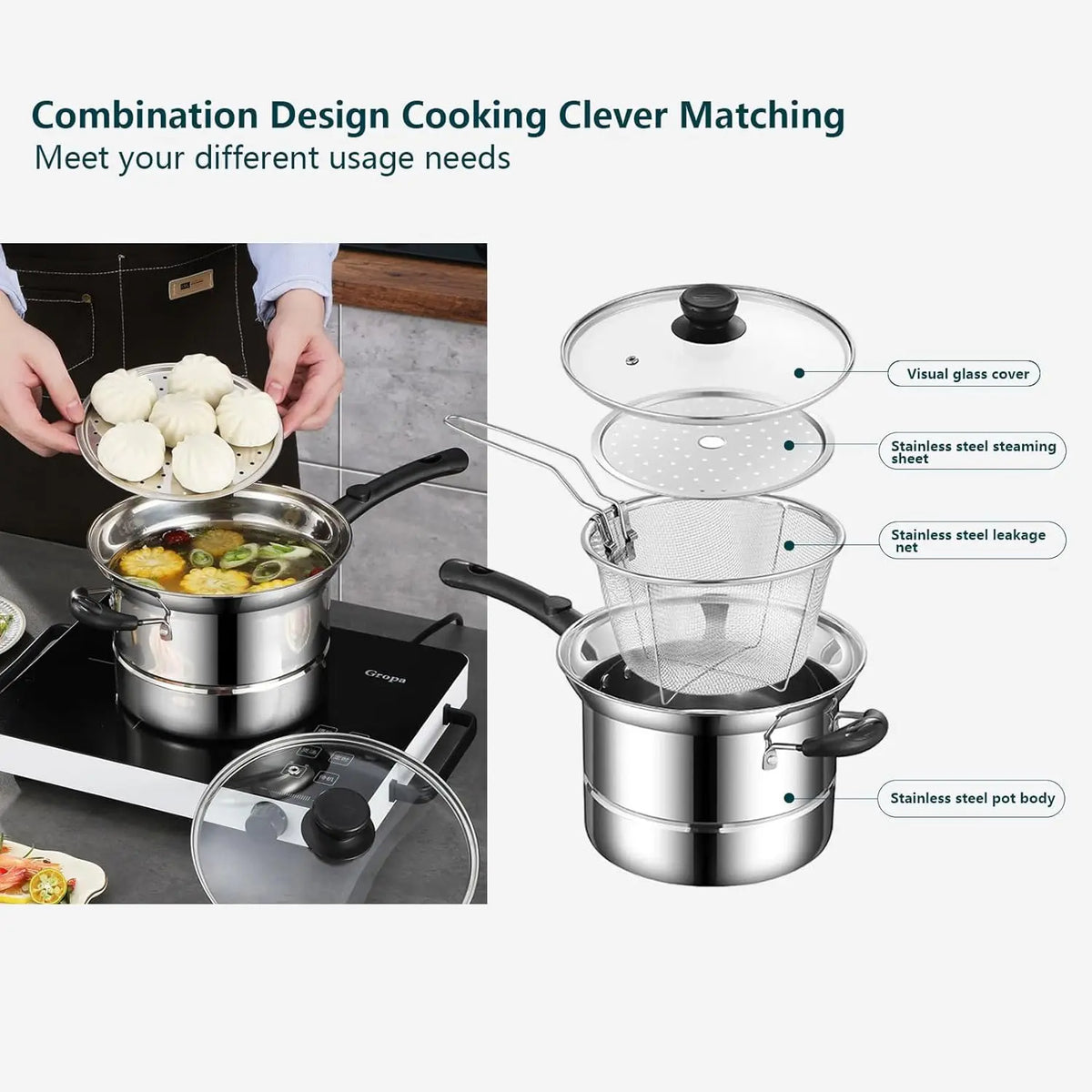 4 Piece Non-Stick Chip Pan with Frying Basket, Lid & Steamer Rack – Deep Fat Fryer Pot for Chips & Noodles – Ideal for Hob, Oven & Campfire