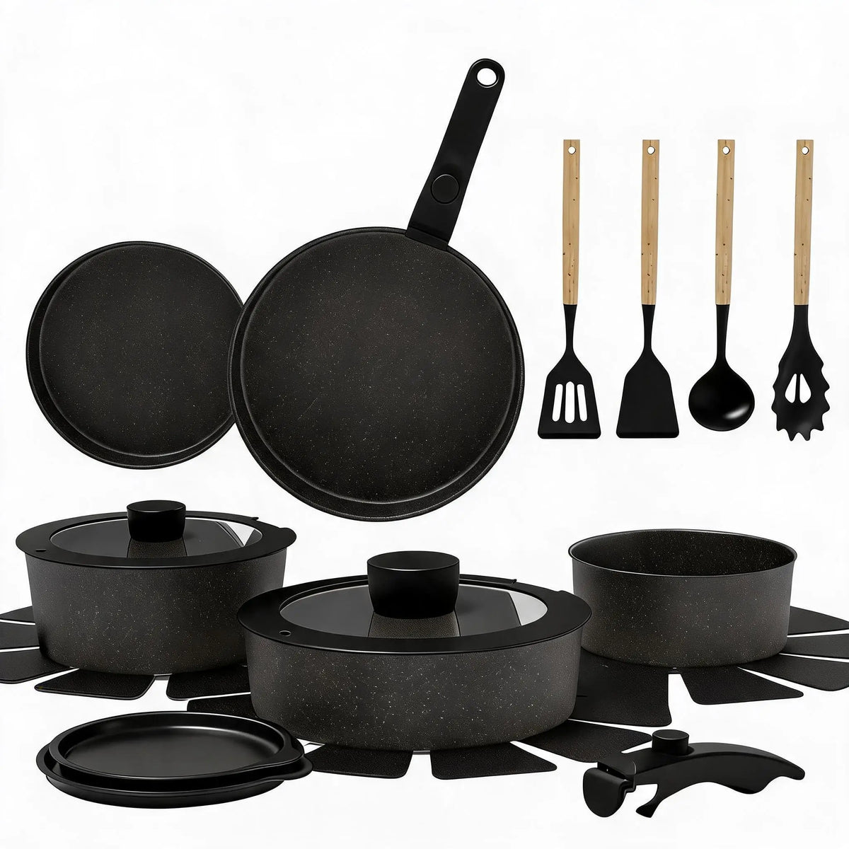 19 Piece Ceramic Non-Stick Cookware Set with Detachable Handles – Stackable Induction Pots & Pans – Ideal for Small Kitchens, Caravans & Campervans – Available in White & Black Colours