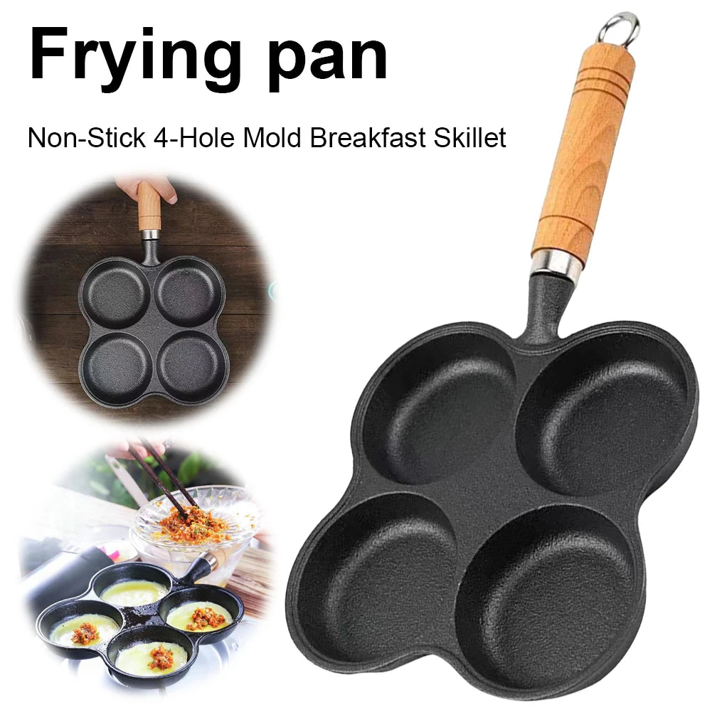 4 Hole Egg Pan with Wooden Handle – Non-Stick Cast Iron Breakfast Burger & Pancake Maker – Perfect for Eggs, Burgers & Pancakes