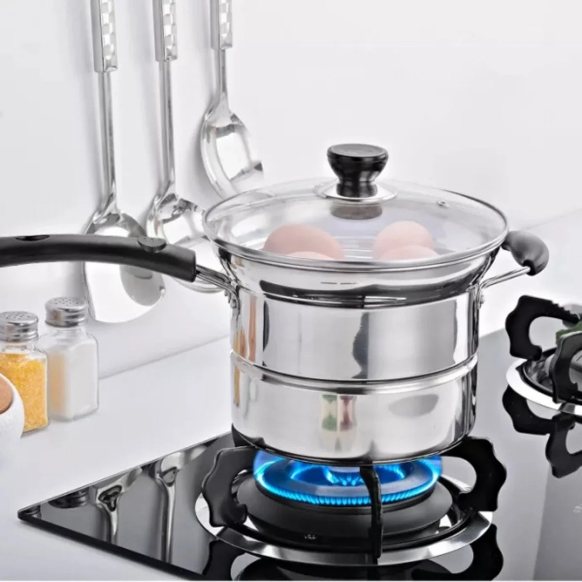 4 Piece Non-Stick Chip Pan with Frying Basket, Lid & Steamer Rack – Deep Fat Fryer Pot for Chips & Noodles – Ideal for Hob, Oven & Campfire