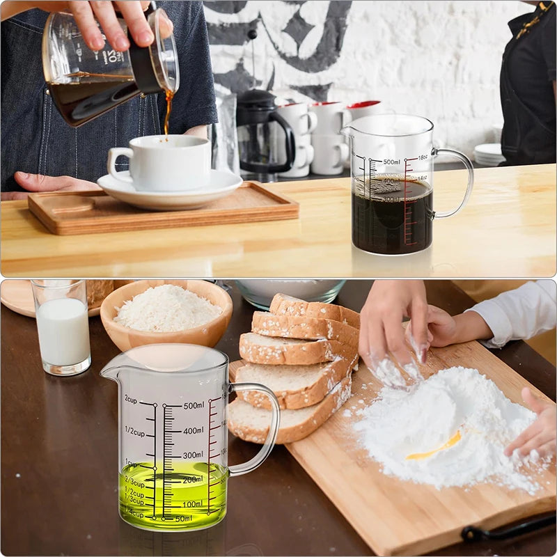 Borosilicate Glass Measuring Jug with Handle & V-Shaped Spout – Clear Scale Measuring Cup – Best for Baking, Liquids & Microwave Use – Available in 400ml, 500ml, 600ml & 1000ml