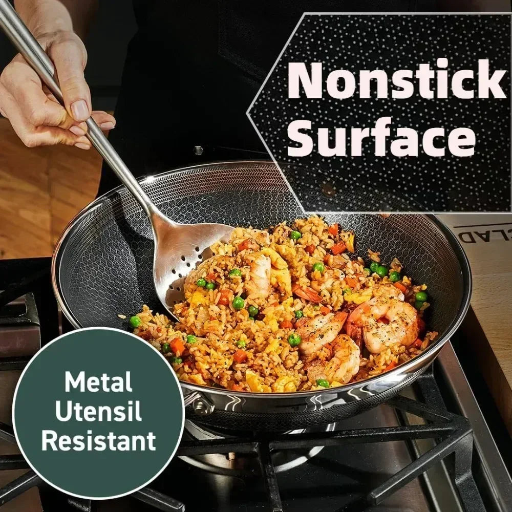Honeycomb Stainless Steel Wok with Long Handle & Side Handle – Multi-Functional Deep Wok for Stir-Frying, Searing, Sautéing, Frying, Soups, Noodles, Steak, Deep-Frying, Tossing, Ramen & One-Pan Dishes,Available in 12-inch & 14-inch Sizes