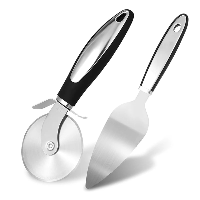 Stainless Steel Pizza Wheel Cutter & Server Set Silver