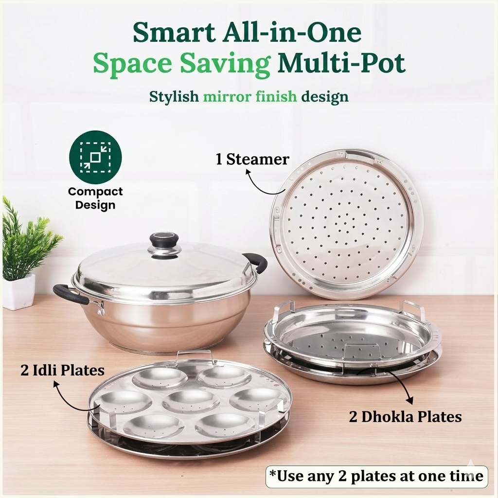 Stainless Steel Idli Maker/Momo Maker/Multi Kadai/Steamer Set, Large, 5 Plates, 2 Idli, 2 Dhokla