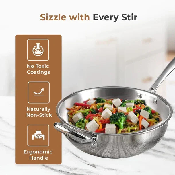 Tri-Ply Stainless Steel Wok Pan, Non-Stick Frying Wok, Induction Compatible