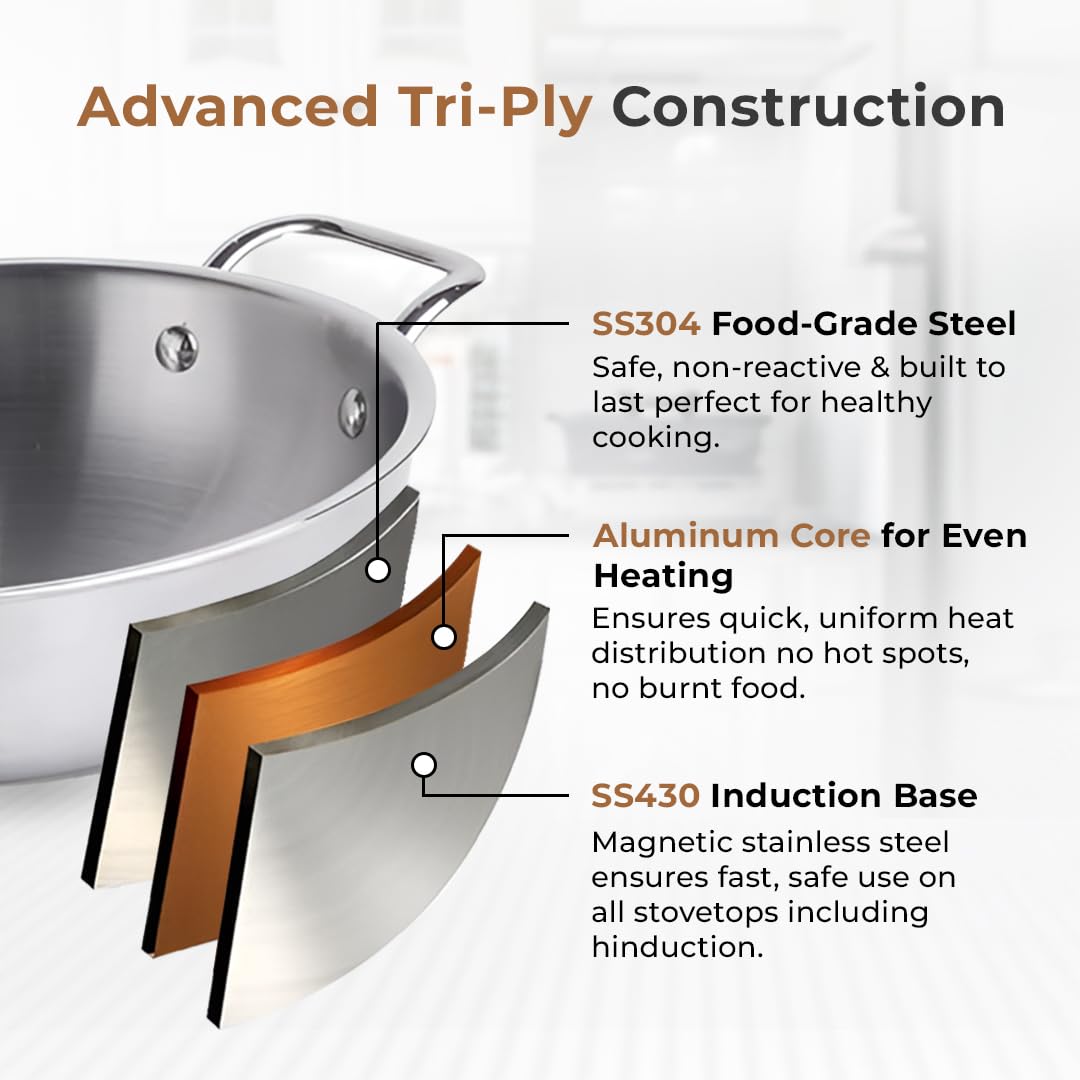 Triply Stainless Steel Kadai for Cooking