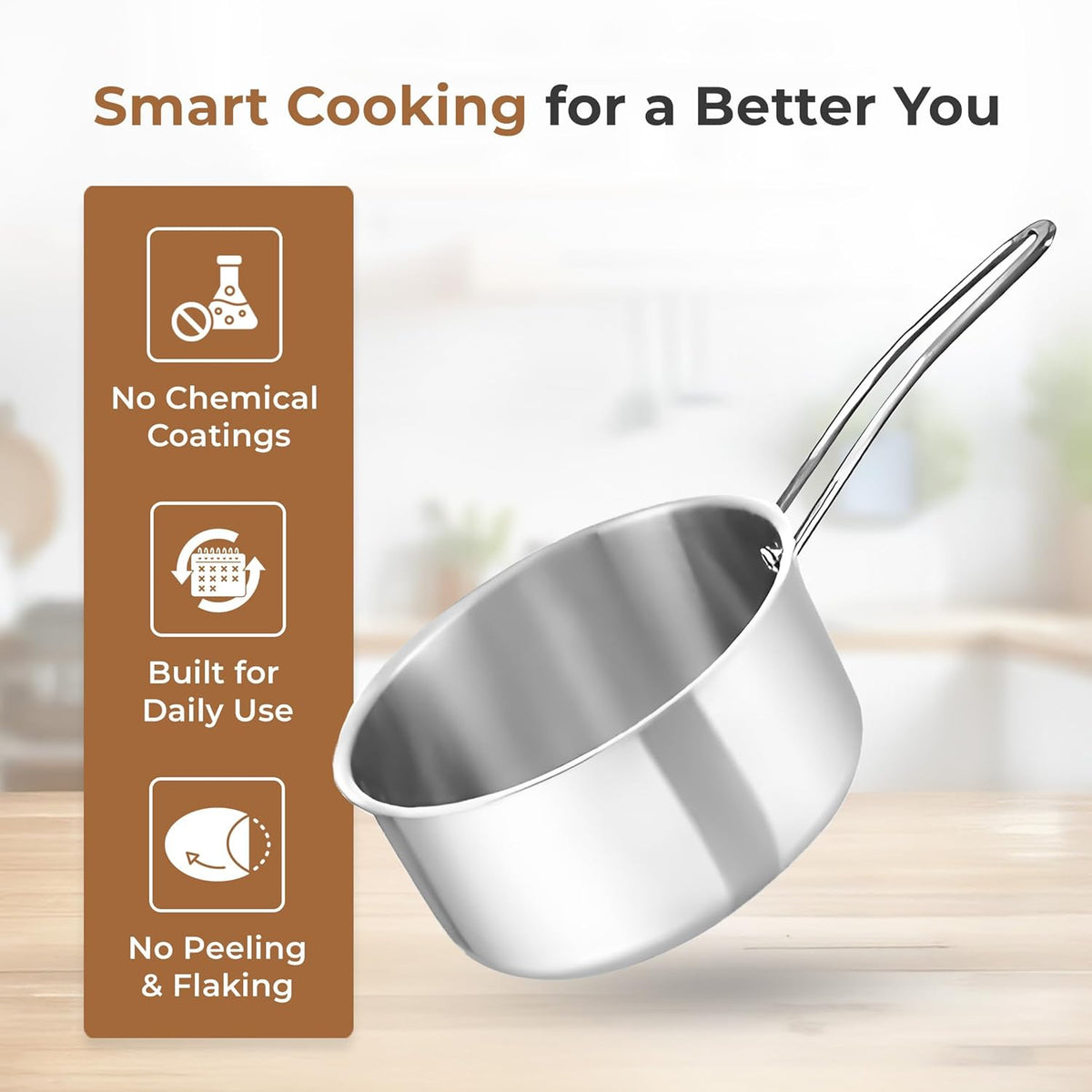 Tri-Ply Stainless Steel Sauce Pan With S.S Lid, Tri-Ply Milk/Tea Pan, Riveted Long Handle