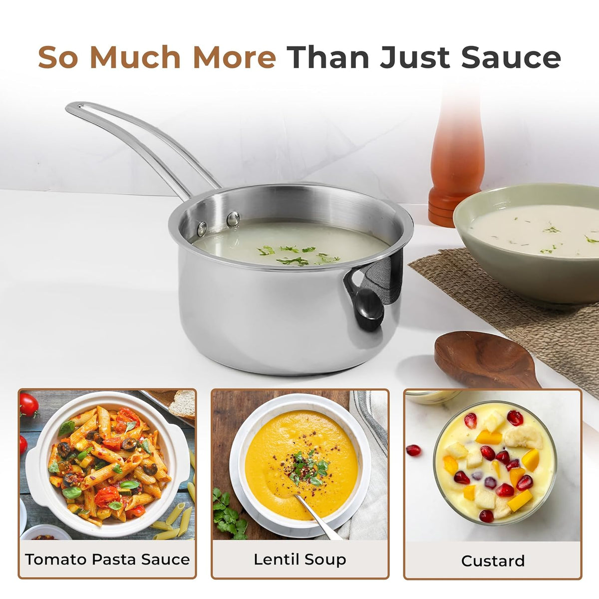 Tri-Ply Stainless Steel Sauce Pan With S.S Lid, Tri-Ply Milk/Tea Pan, Riveted Long Handle