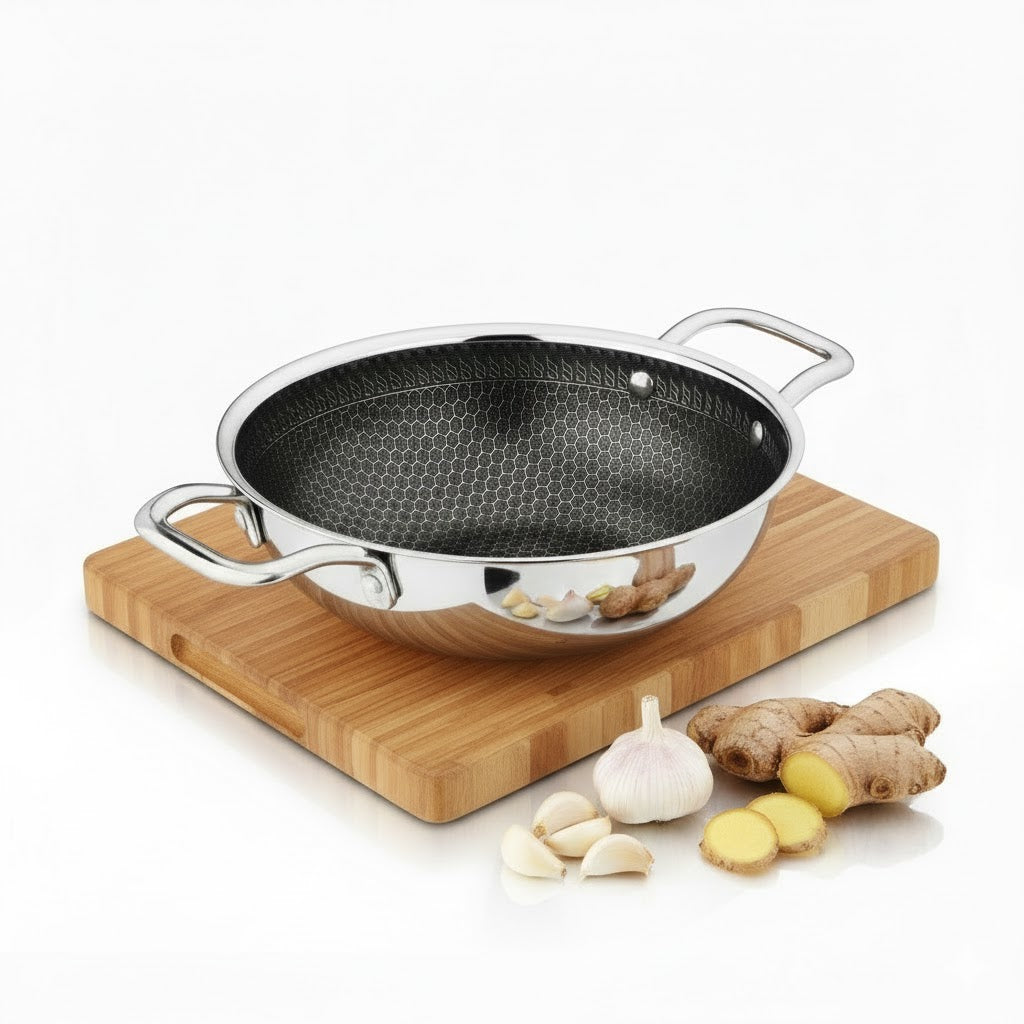 Tri-Ply Stainless Steel Kadai, Stainless Steel Kadai for Cooking, Triply Kadhai, Metal Spatula Friendly 28 CM | 3.9 Liter | 6-7 People