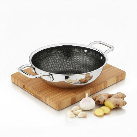 Tri-Ply Stainless Steel Kadai, Stainless Steel Kadai for Cooking, Triply Kadhai, Metal Spatula Friendly 28 CM | 3.9 Liter | 6-7 People