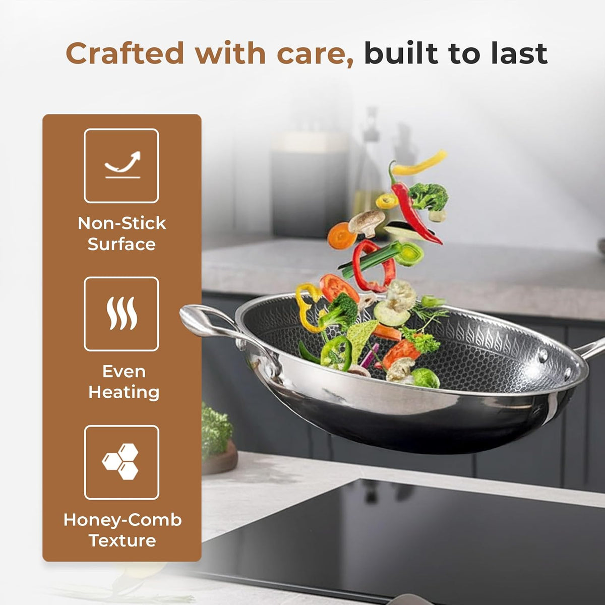 Tri-Ply Stainless Steel Wok Pan, Non-stick Frying Wok, Honeycomb Pattern, Induction Compatible