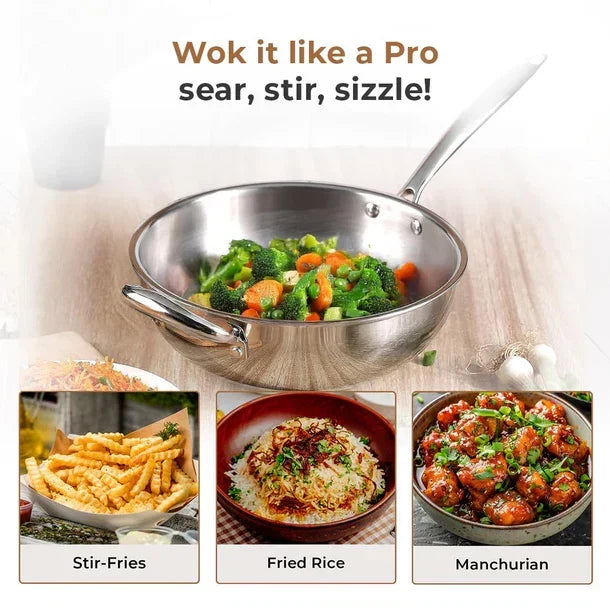 Tri-Ply Stainless Steel Wok Pan, Non-Stick Frying Wok, Induction Compatible