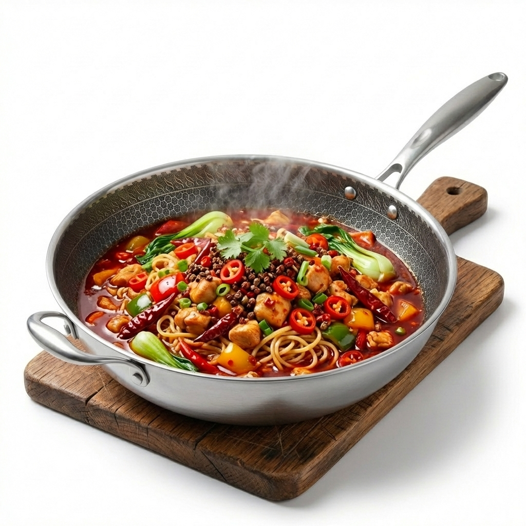 Tri-Ply Stainless Steel Wok Pan, Non-stick Frying Wok, Honeycomb Pattern, Induction Compatible 28 CM | 3.9 Liter | 6-7 People