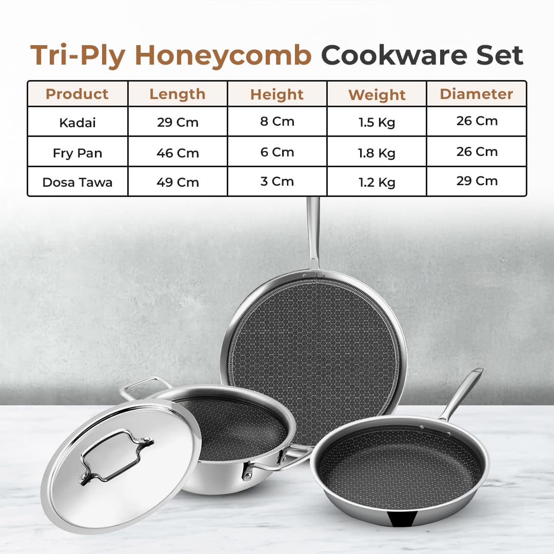 Tri-Ply HoneyComb 3-Pc Cookware Set 26 cm Fry Pan, 26 cm Kadai with Lid and 29 cm Dosa Tawa, Non-Stick