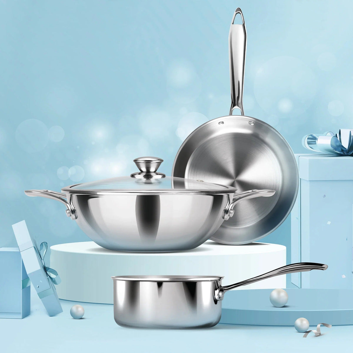 Triply Stainless Steel 4 Pcs Cookware Set Wooden Handle