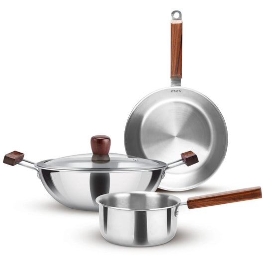 Triply Stainless Steel 4 Pcs Cookware Set Wooden Handle