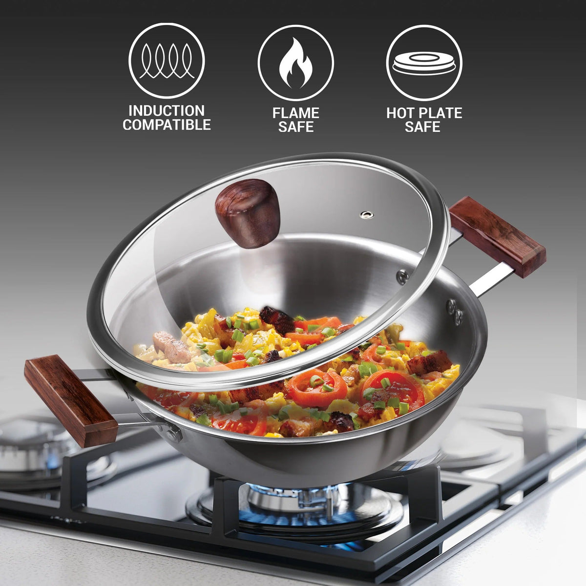 Triply Stainless Steel 4 Pcs Cookware Set Wooden Handle