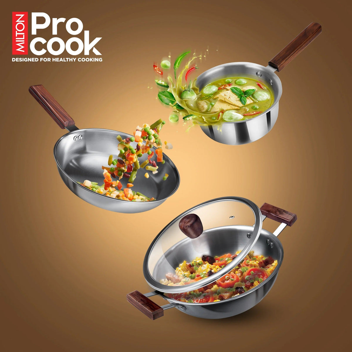 Triply Stainless Steel 4 Pcs Cookware Set Wooden Handle