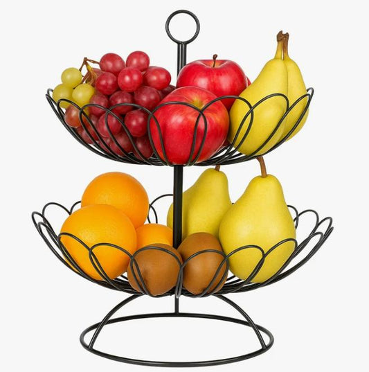 2-Tier Black Metal Fruit Basket with Vintage Swirl Design