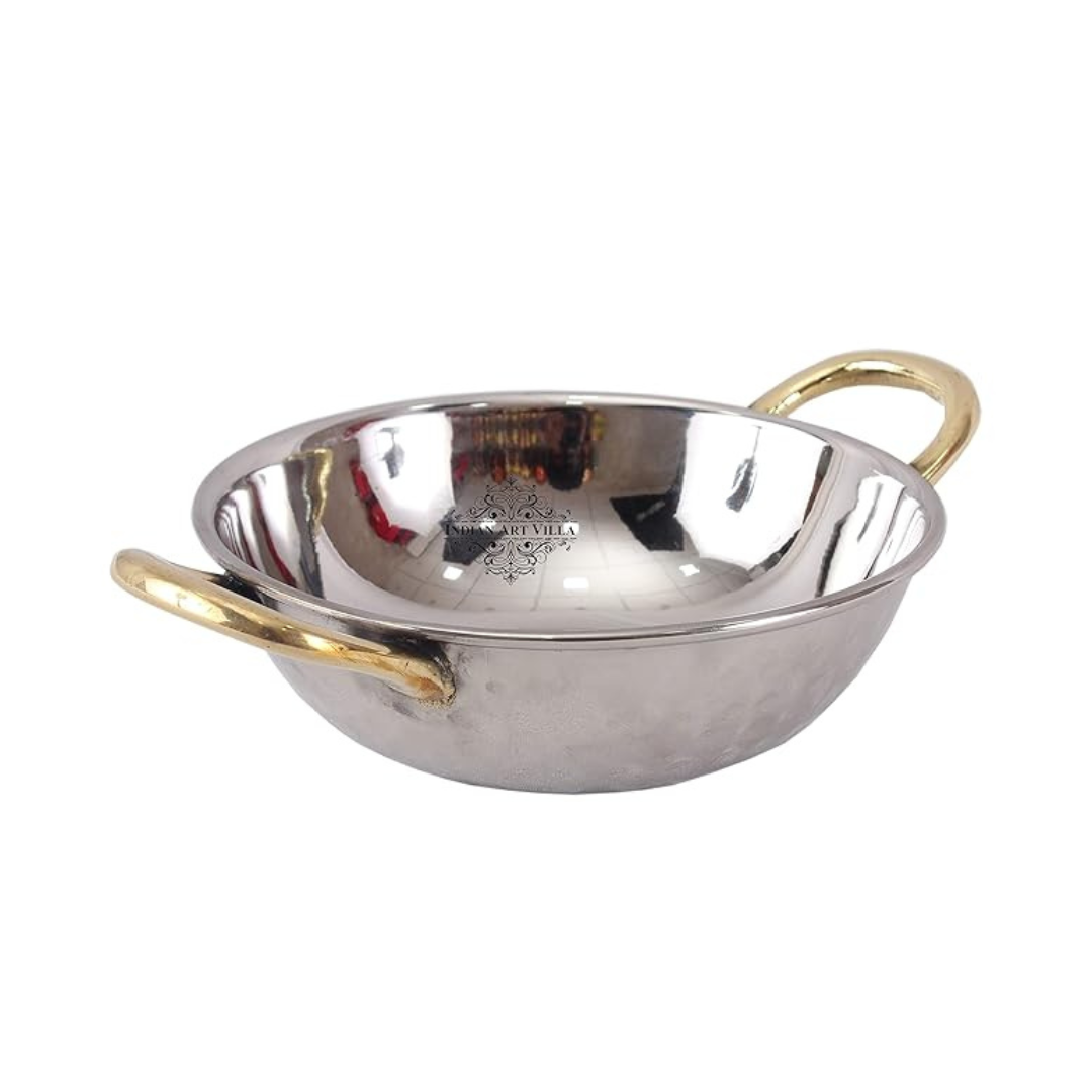 Steel Kadhai Wok with Brass Handle 690 ml Capacity