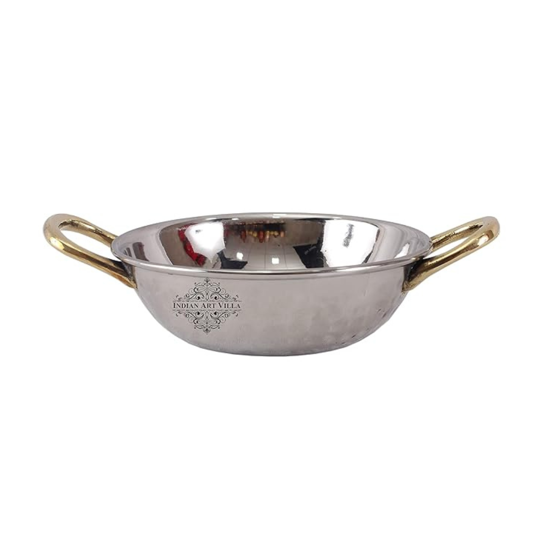 Steel Kadhai Wok with Brass Handle 690 ml Capacity