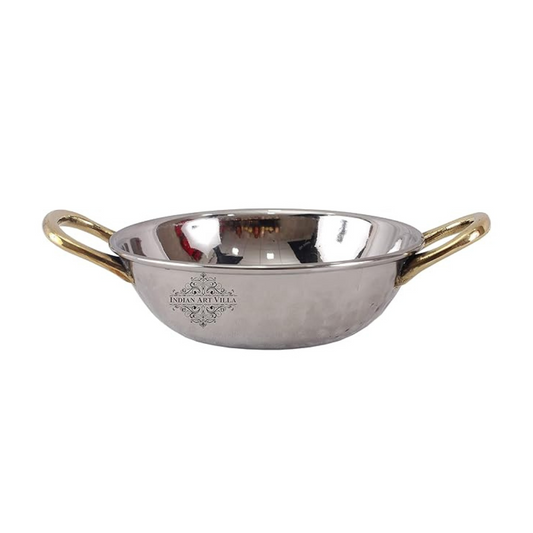 Steel Kadhai Wok with Brass Handle 690 ml Capacity