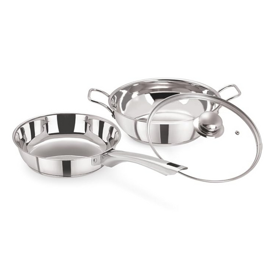Induction Compatible Stainless Steel Sandwich Base Cookware Set Fry Pan & Kadai with Glass Lid