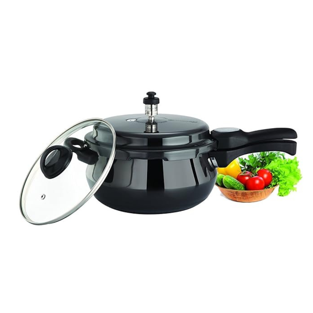 Black Induction Bottom Handi Pressure Cooker With Glass Lid - 5.5 L