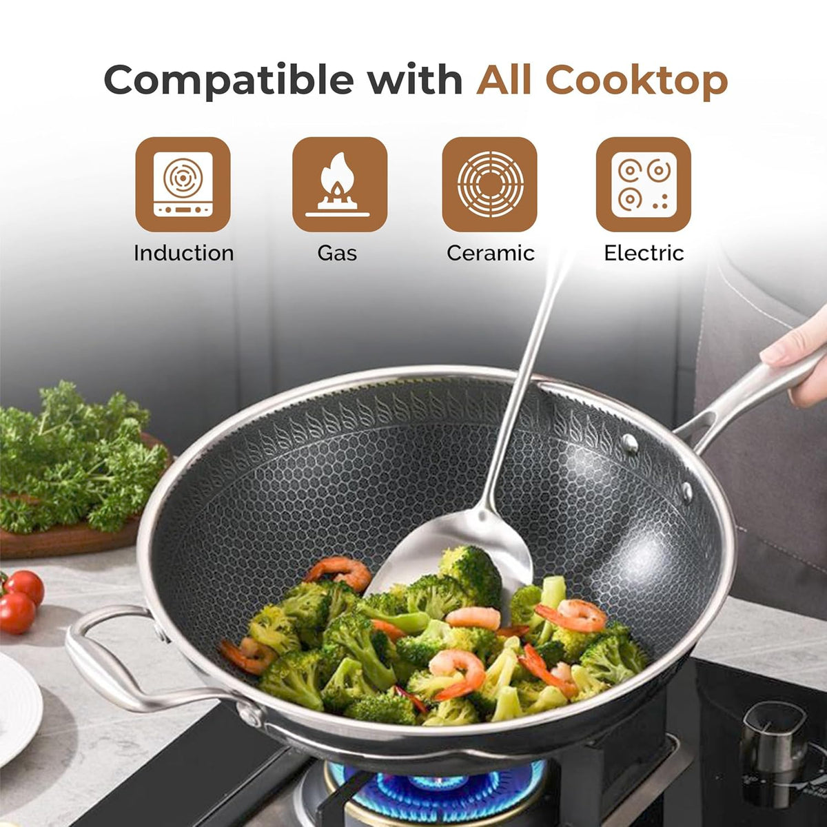 Tri-Ply Stainless Steel Wok Pan, Non-stick Frying Wok, Honeycomb Pattern, Induction Compatible